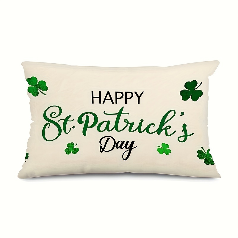 

1pc, Linen Happy St Patricks Day Clover Throw Pillow Cover, Shamrock Decoration For Sofa Couch(single Side, No Pillow )