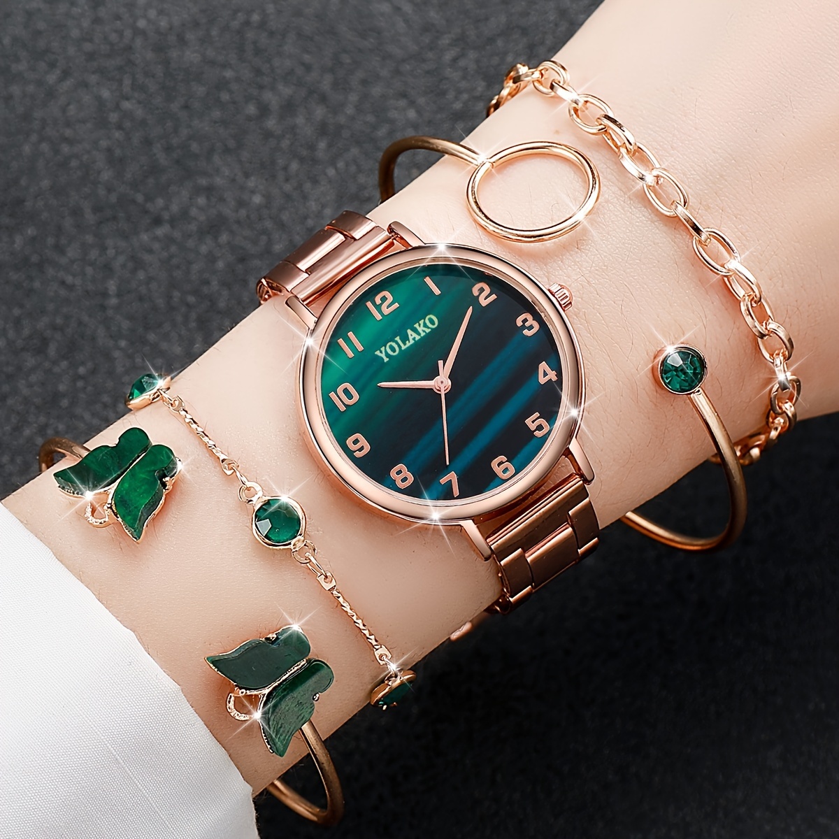 

5pcs/set Women's Elegant Green Quartz Watch Analog Steel Band Wrist Watch & Butterfly Bracelets, Gift For Mom Her