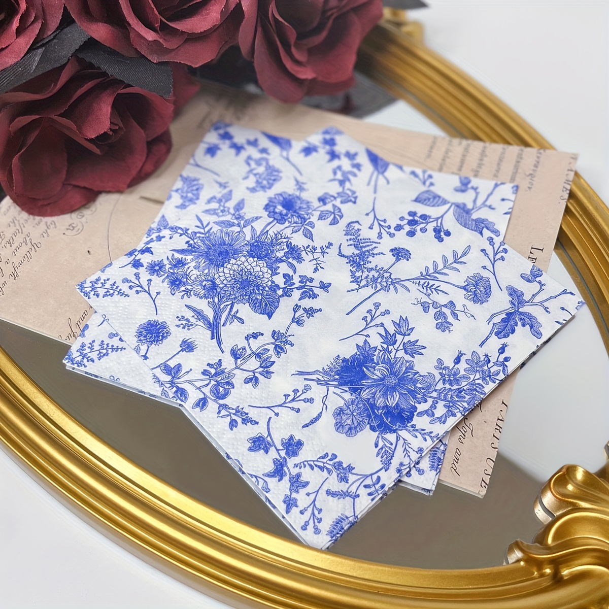 

20pcs, Disposable Blue Flower Porcelain Printed Napkins 10*10inch, Birthday Wedding Tea Party Restaurant Party Decoration Tissue