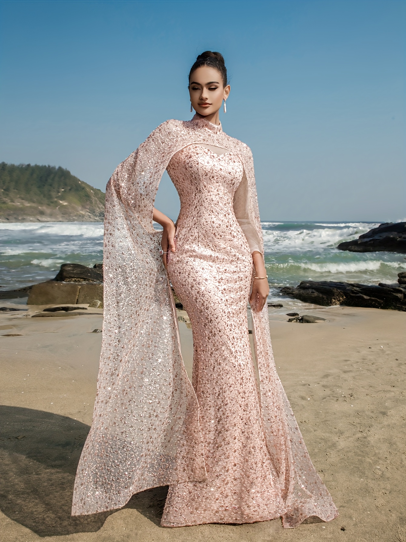 knee length dresses for ladies Chic Sheath/Column Removable Sleeves Long Prom Dresses Elegant Beaded –  SELINADRESS