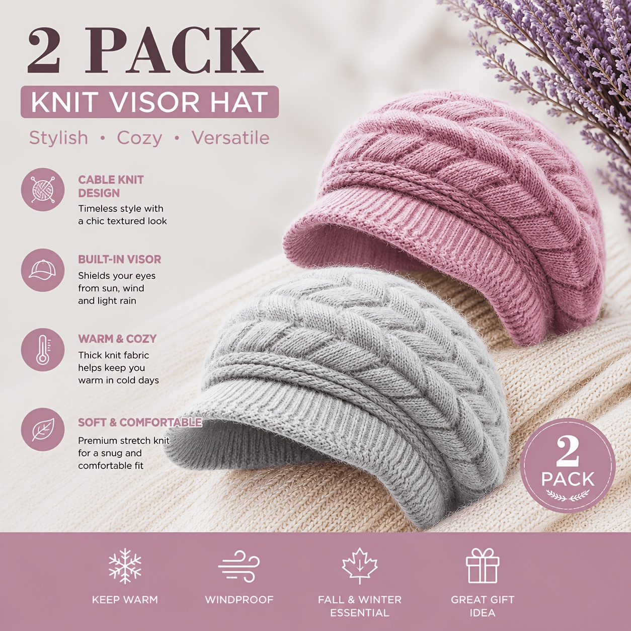 TEMU Lot de 2 bonnets d'hiver chauds pour femme, casquette Newsboy vintage doublée de torsades avec visière pare-soleil, bonnet coupe-vent et