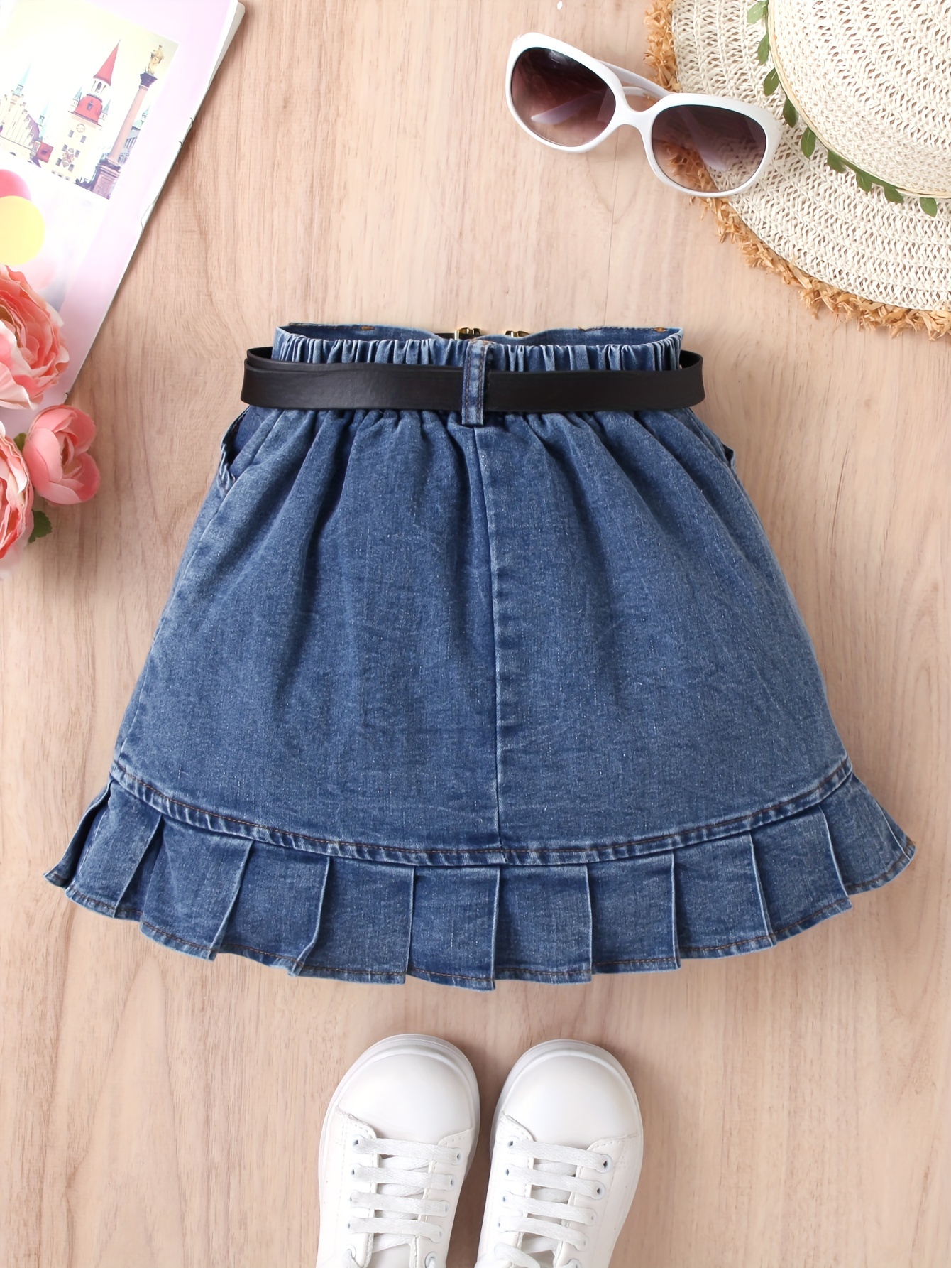 Pleated denim skirt knee length best sale