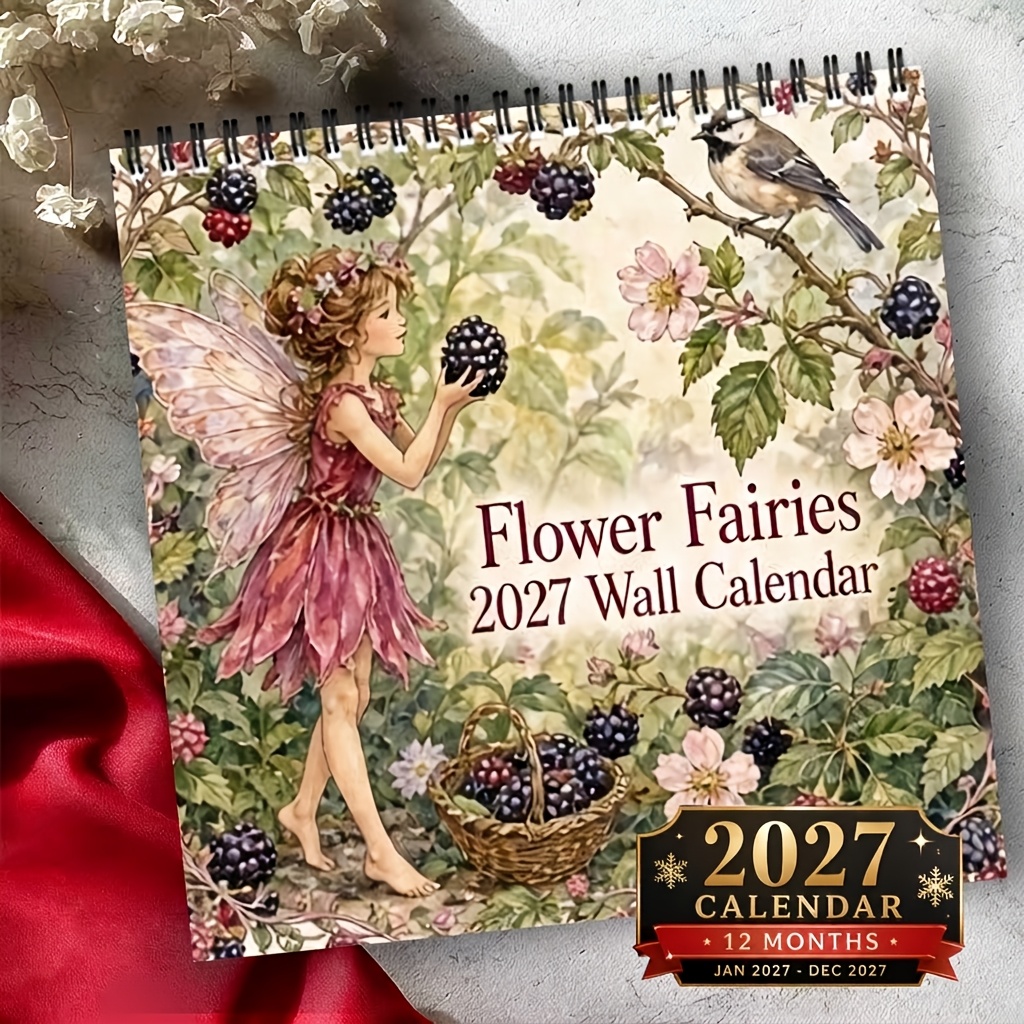 TEMU Calendrier mural 2027, calendrier de décembre à suspendre, reliure spirale à double fil, impression de fleurs de fée et de plantes, grand bloc