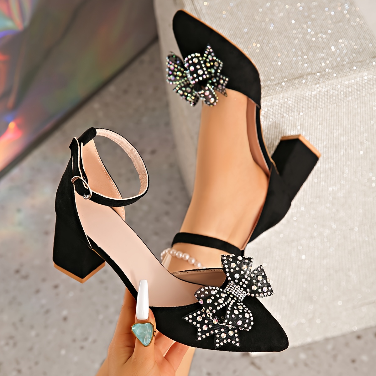 TEMU New High-end Rhinestone Bow, Black Pointed-toe Single-strap Chunky Heel, High Heels For Dates And Banquets, Versatile For Everyday And Formal