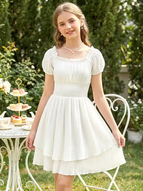 off-white kids girls casual dresses Girls White Lace Dress Hollow Out Puff Sleeve... From Babywarehouse, $10.05