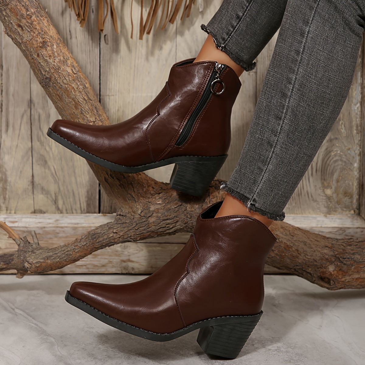 Bottines Mi-Hautes En Cuir Pour Femme - Talon Bloc, Nœud Arrière, Antidérapantes Et Doublées Chaud Pour L'Hiver