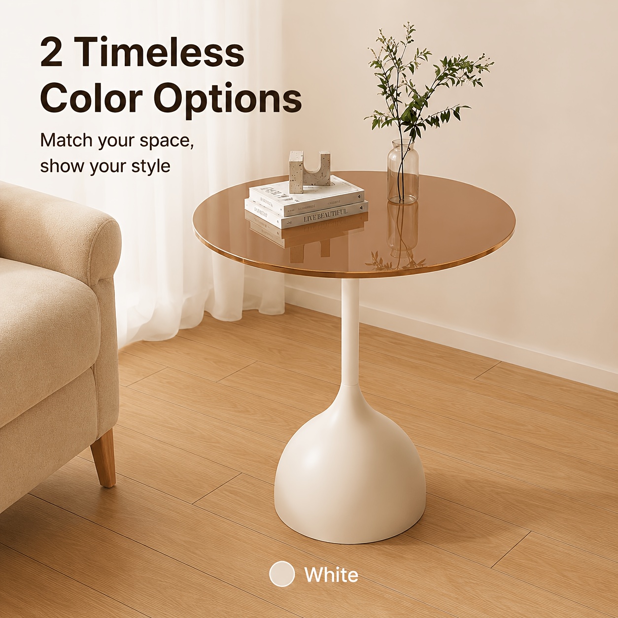 Modern Minimalist Round Side Table, Transparent Tea-colored Tabletop With Stable Single-column Base, Small Living Room Sofa Side Table/bedroom Nightstand, In White/black