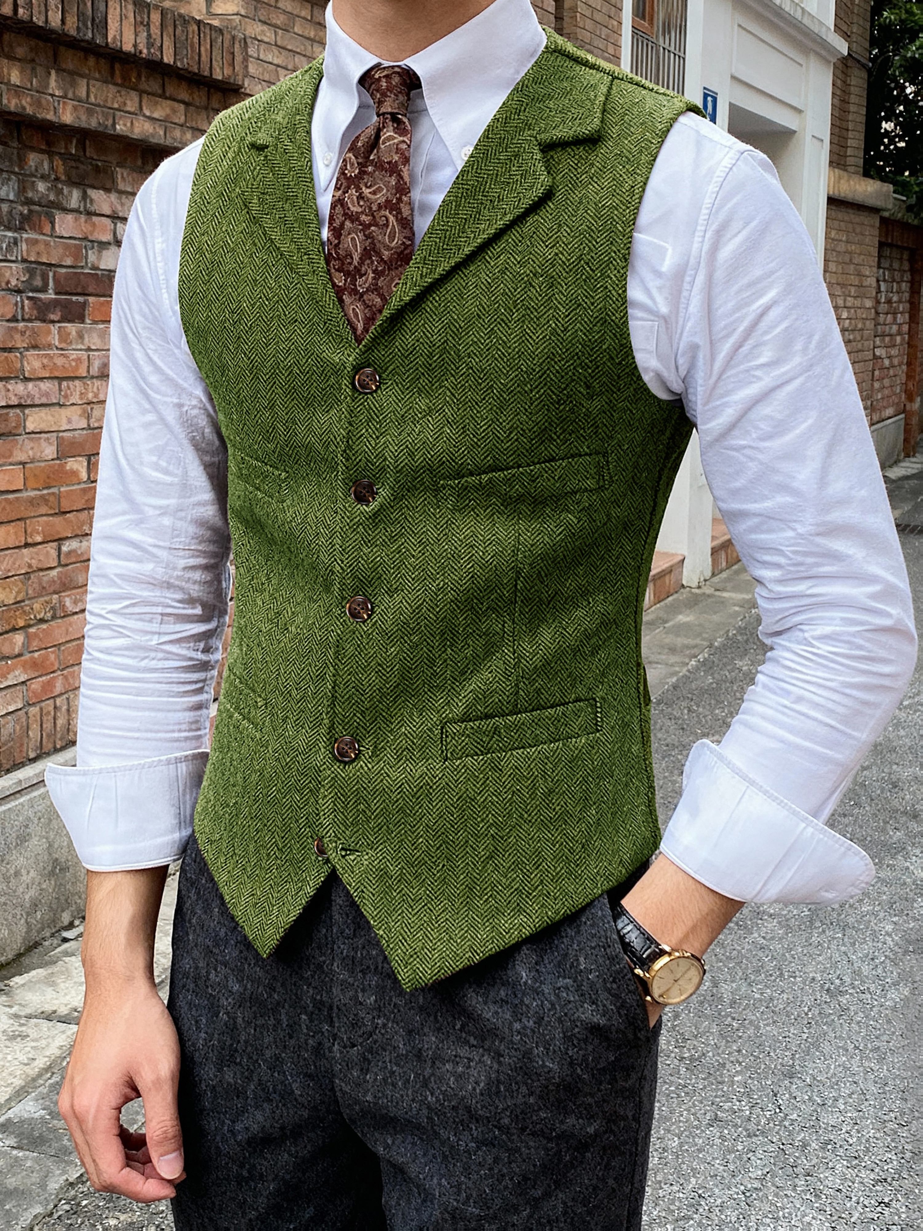Men's Tweed Vest, Vintage V-Neck Wool Plaid Dress Shirt