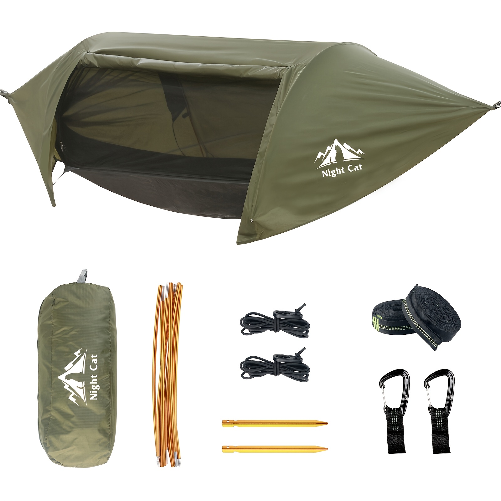 Camping Hammock Tent With Net Backpacking Ground Tent With Tree Straps, Lightweight, 200 Kg/440 Lbs Capacity, Olive Green, Without Battery