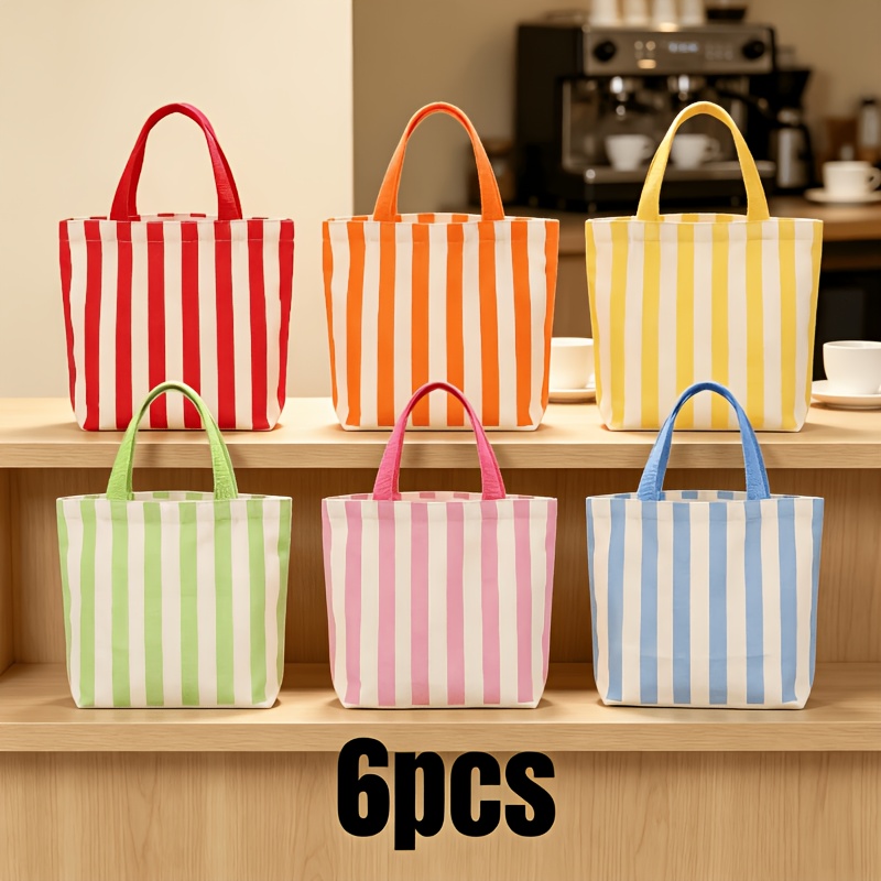 TEMU 6pcs Mixed Color Striped Canvas Tote Bag Set, Base With , Reusable Shopping Bag, Large Capacity And Foldable, Perfectly Suitable For Groceries,