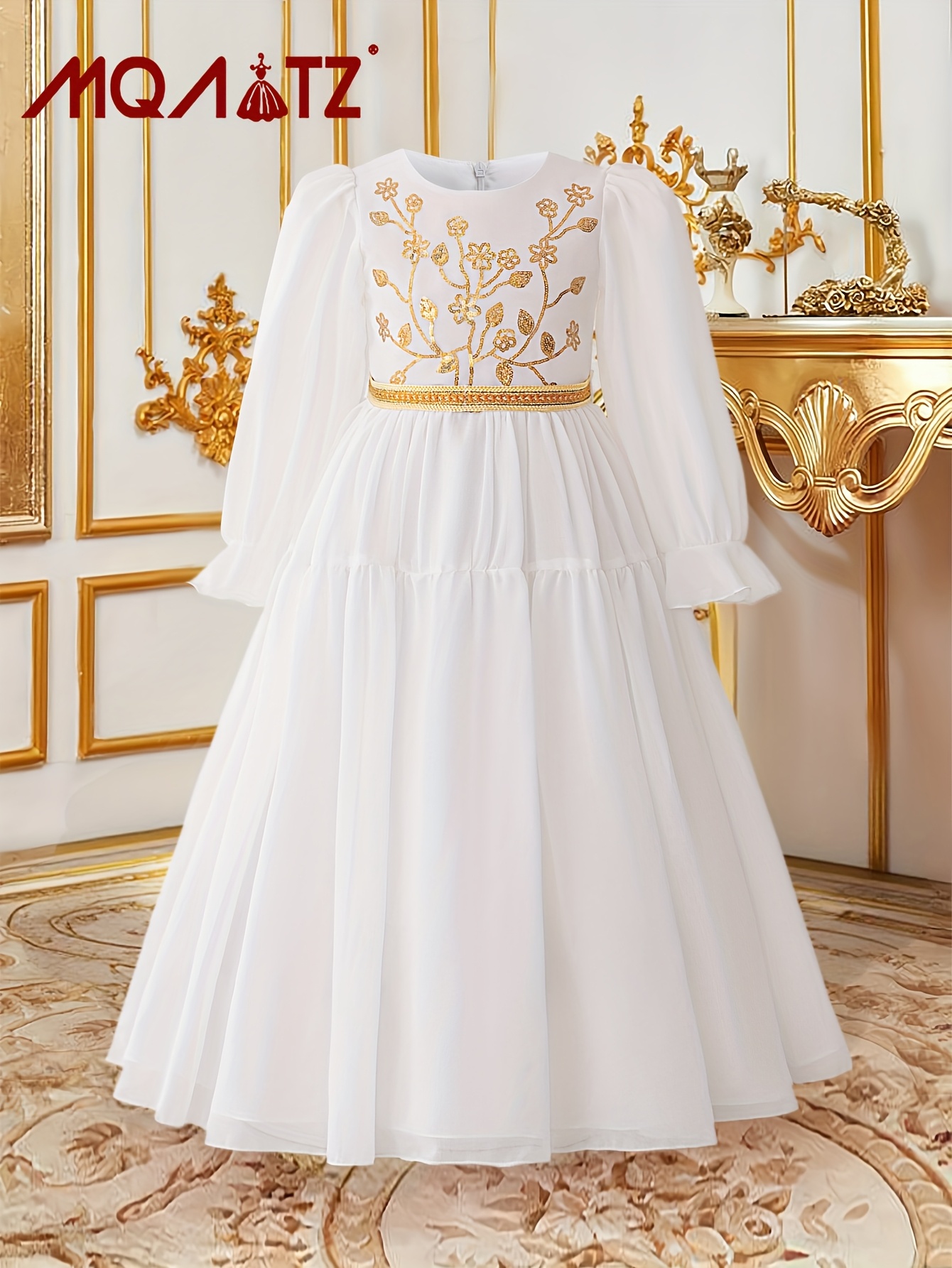 white dress with gold beading L'AGENCE Yves Cape In Champagne Pearls main image 1