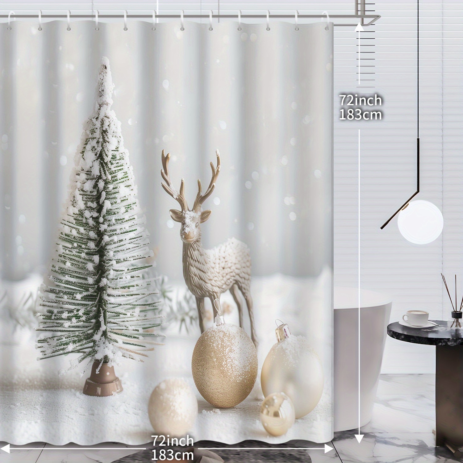 TEMU Festive Christmas Bath Curtain: White Snowy Scene With Christmas Tree, Reindeer, And Ornaments - Includes 12 Hooks, Waterproof, And Made Of Polyester