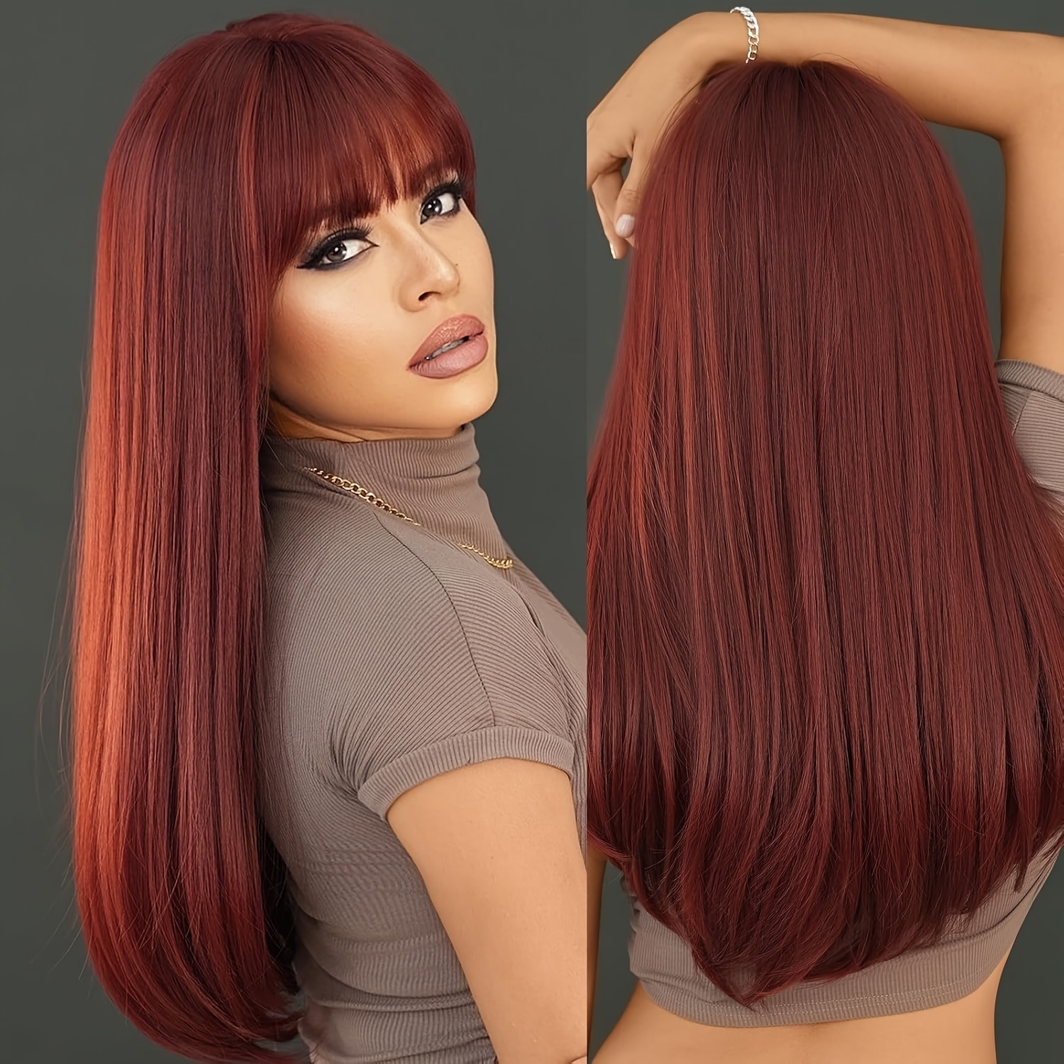 TEMU Wine-red Bangs Straight Hair Wig 28 "synthetic Heat-resistant Wig For Daily Use At Holiday Parties
