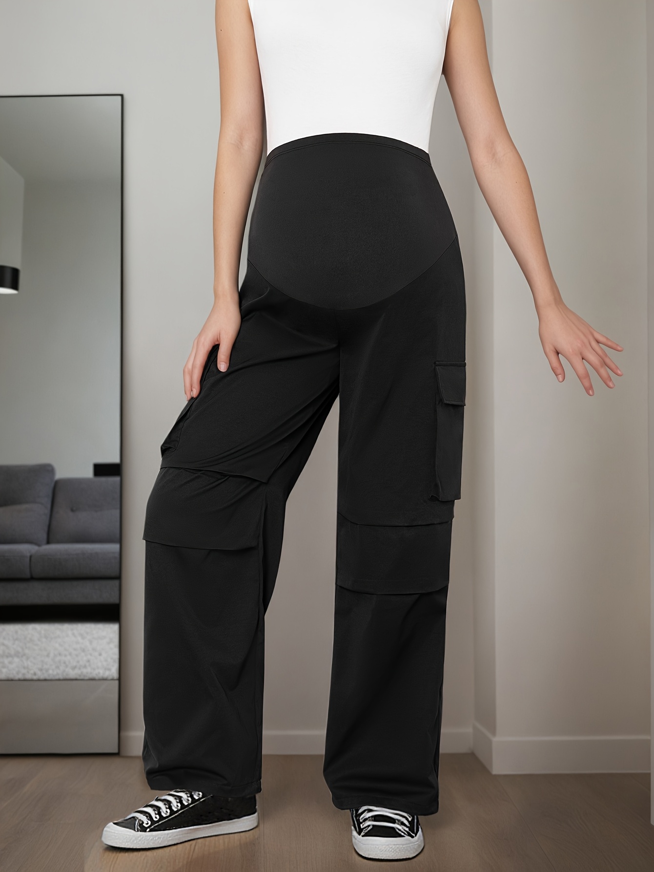 womens solid black maternity pants elastic waist high Temu