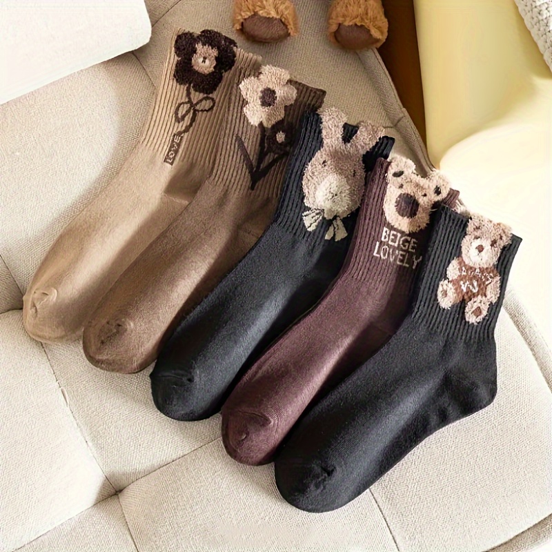 TEMU 5pcs Cute Bear Pattern Mid- Socks For Women - Cozy & Warm, Polyester Blend