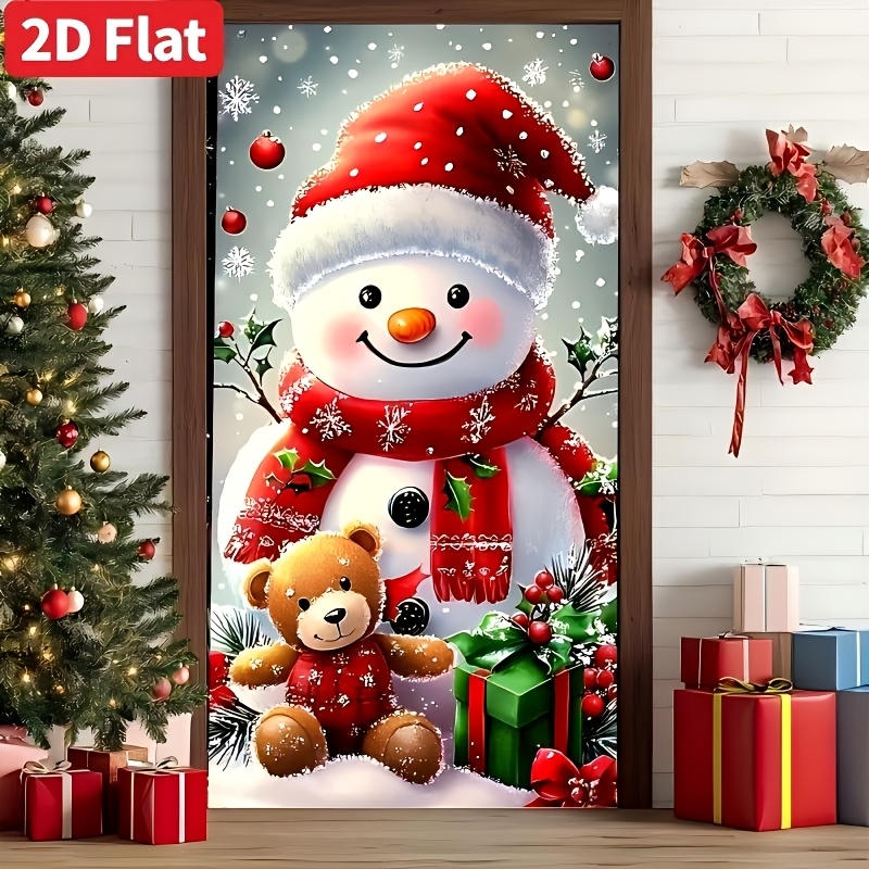 TEMU 2d Flat, 2d Flat - 2d Door Banner 2d Flat, 2d Flat - 2d Door Banner 2d Flat Banner 1pc Christmas Door Curtain, Festive Snowman And Teddy , 100%