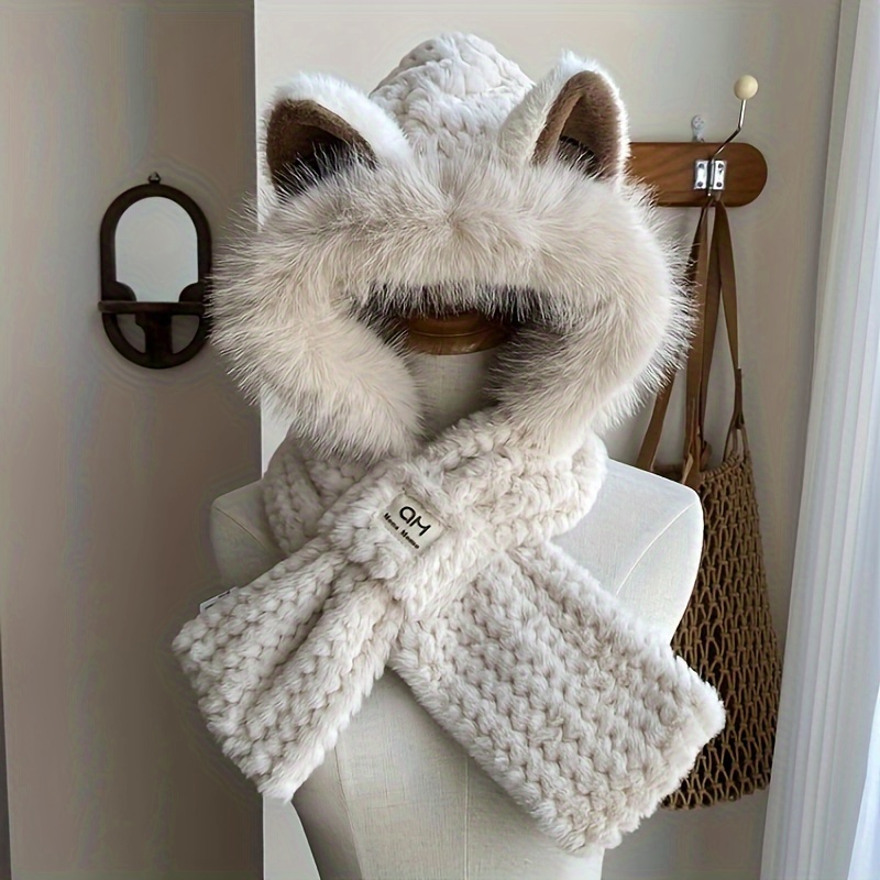 

Women's 1pc Fleece Fox Ear Hat And Scarf Set, Polyester Knit Winter Plush Hooded Neck Warmer Combo, Cozy Hand Washable Furry Cap, No Feather Craft - Winter Cold Protection Accessory.