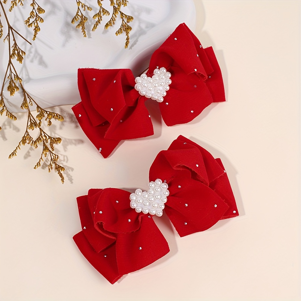 TEMU 2pcs Heart Hair Bow Clips, Elegant Rhinestone Hairpins For Daily Wear, Valentine's Clips, Accessories For Women