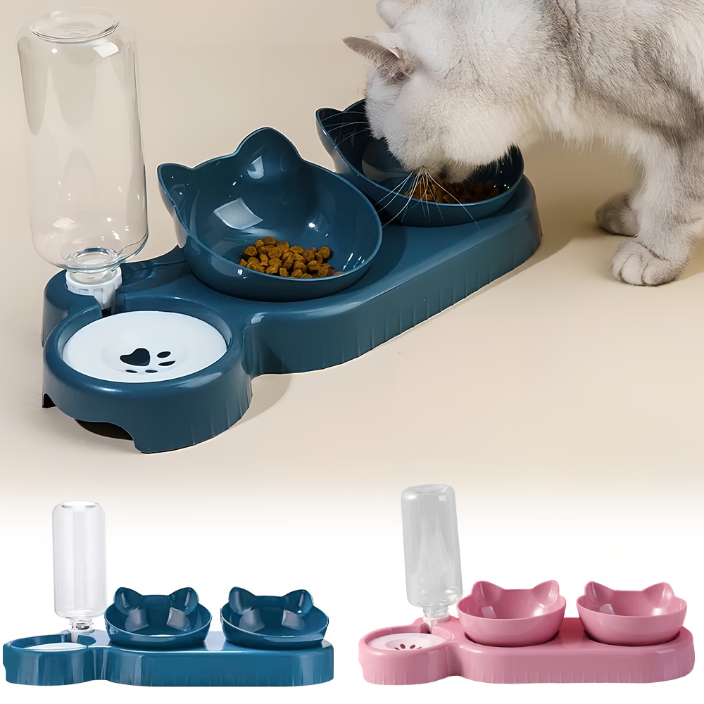 a 3 in 1 pet bowl that   a cat bowl spoon and cup     for food and water this triple cat bowl features a plastic raised dish and an automatic water bottle