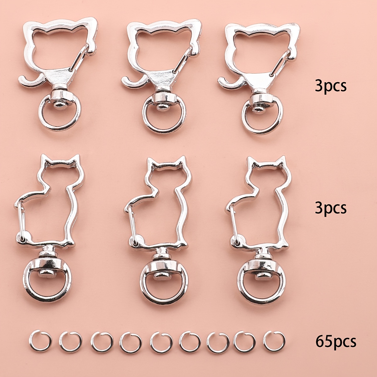 TEMU 71pcs Porte-clés de chat creux en alliage de fait main avec boucle circulaire rotative à 360°, crochet à ressort, annelet d'ouverture, fermoir