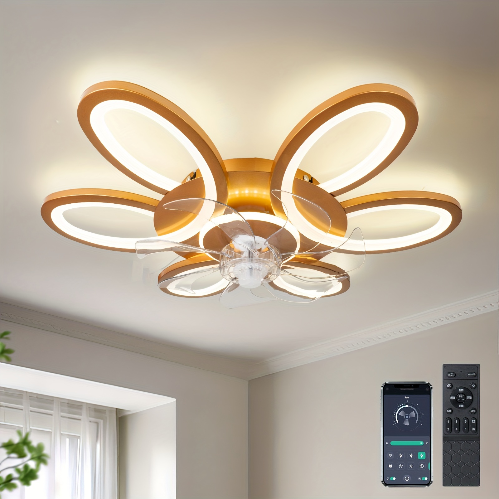 1pc modern flower shaped led ceiling fan with light smart remote control dimmable 3 colors 6 speeds iron paint process high quality abs for living room bedroom kitchen available in black white golden details 5