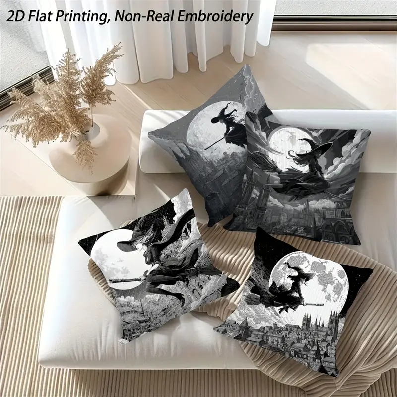 2d flat printing 4pcs witch and castle throw pillow covers autumn decorative accent cushion covers for non real embroidery double sided luxurious sofa room bedroom decoration without pillow inserts yh lcx67965 67968 for halloween Product details 2