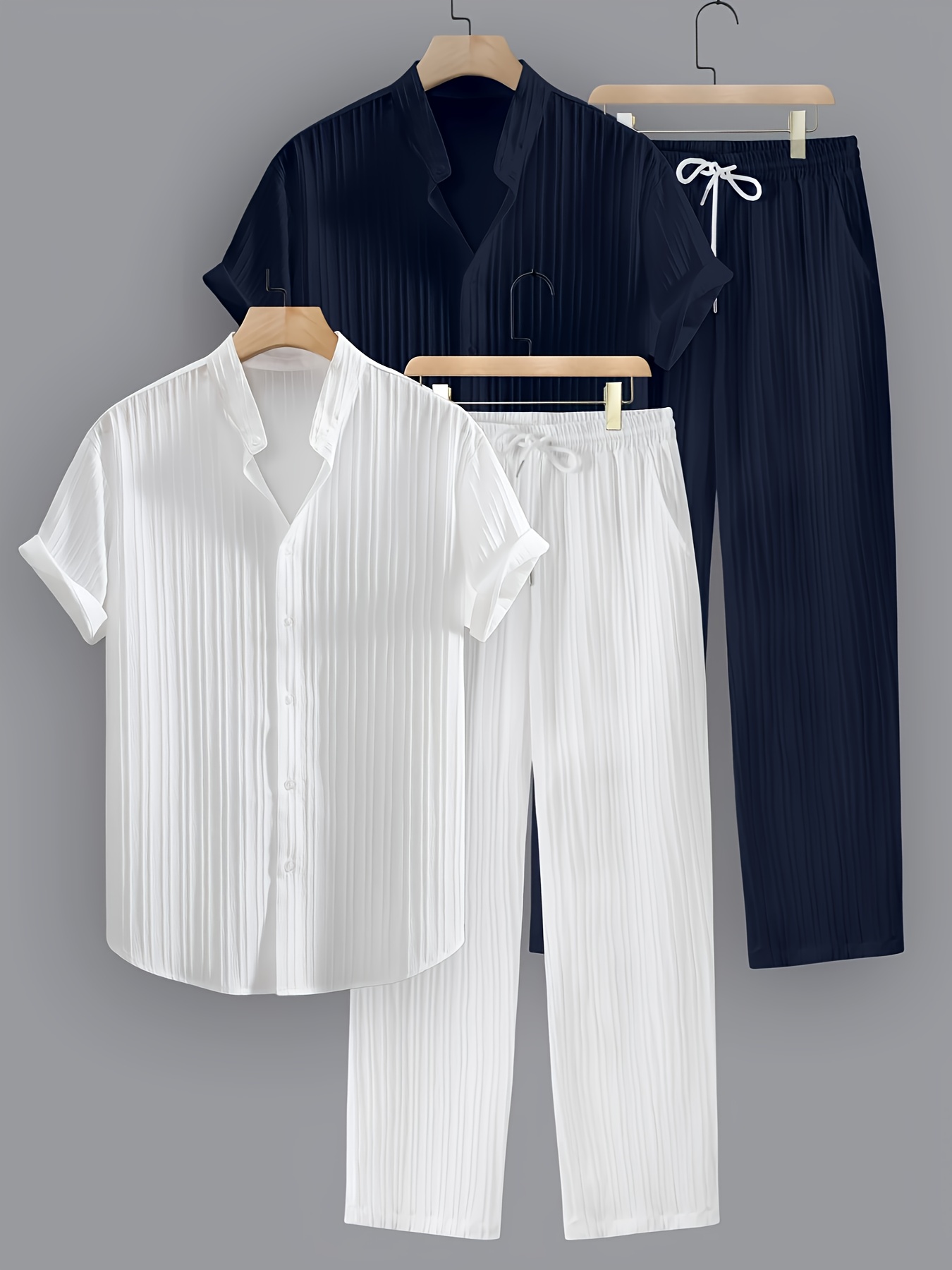 Men's Summer Set with 2 Color Options. Polyester Striped Casual Set - Short Sleeve Lapel Shirt and Drawstring Pants, Non-Stretch Fabric, Regular Fit for Daily and Beach Wear, Beachwear | Casual Summer Wear | 1pc Short Sleeve Shirt + Long Pants Set.