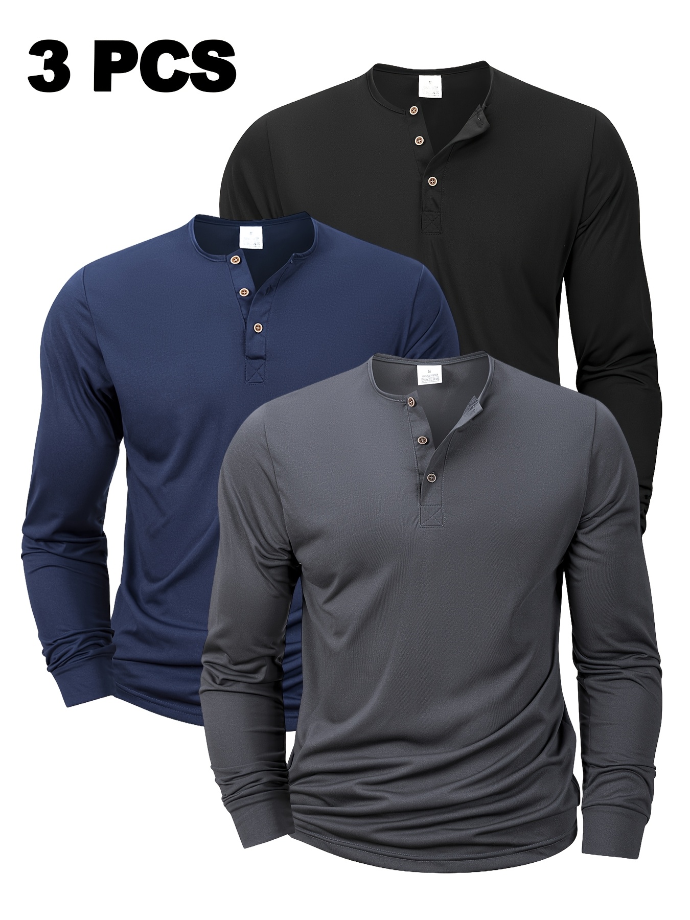 3 camisetas hombre diseño botones en media pechera cuello - Temu Peru, image size:800x1067