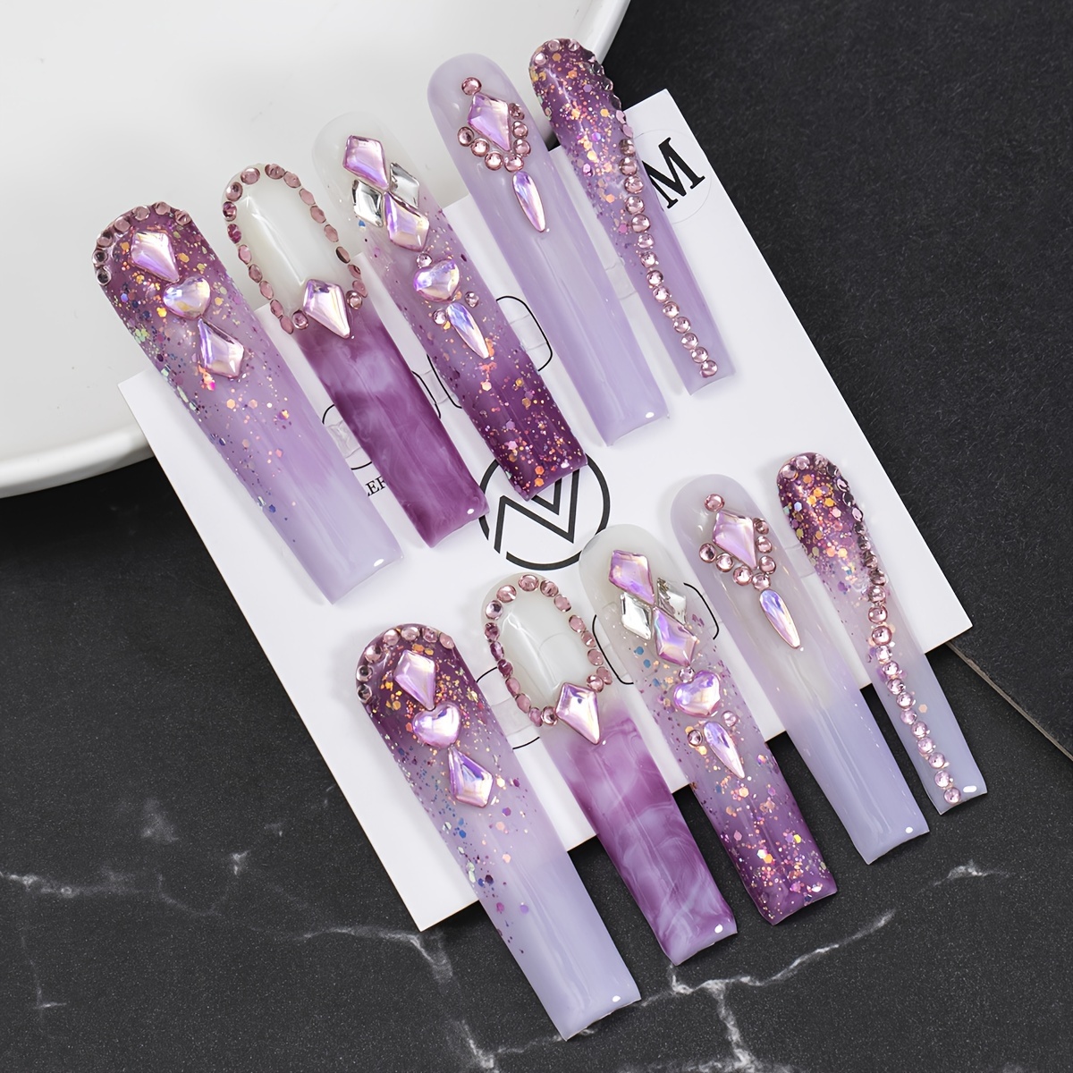 

Purple Long Square Handmade Press On Nails, 10pcs