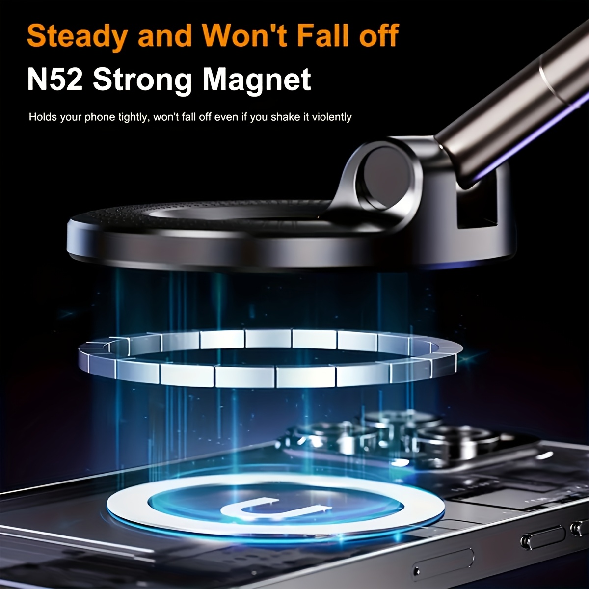 super strong n52 magnetic phone holder   aluminum alloy 360 rotatable and foldable design with vacuum suction cup   car dashboard bathroom tiles and glass   Product details 6