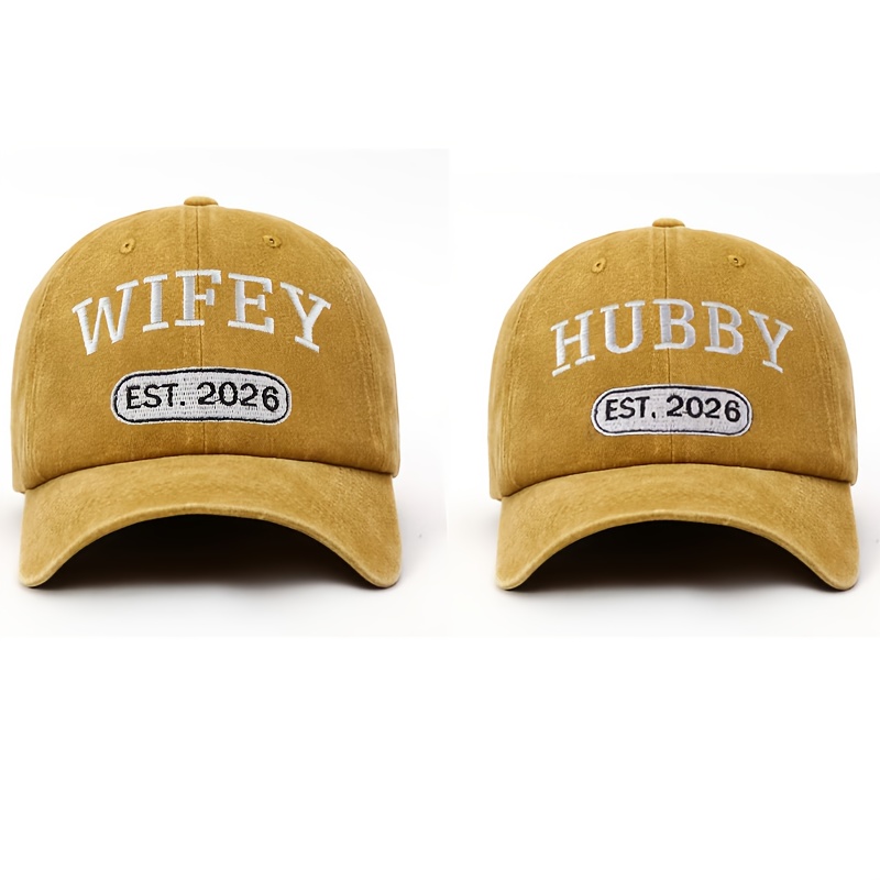 TEMU 2pcs Unisex Fashion Embroidered Baseball Caps, Featuring White Embroidery Of "wifey/+2026" To Highlight Couple Vibes. Street Style, Outdoor