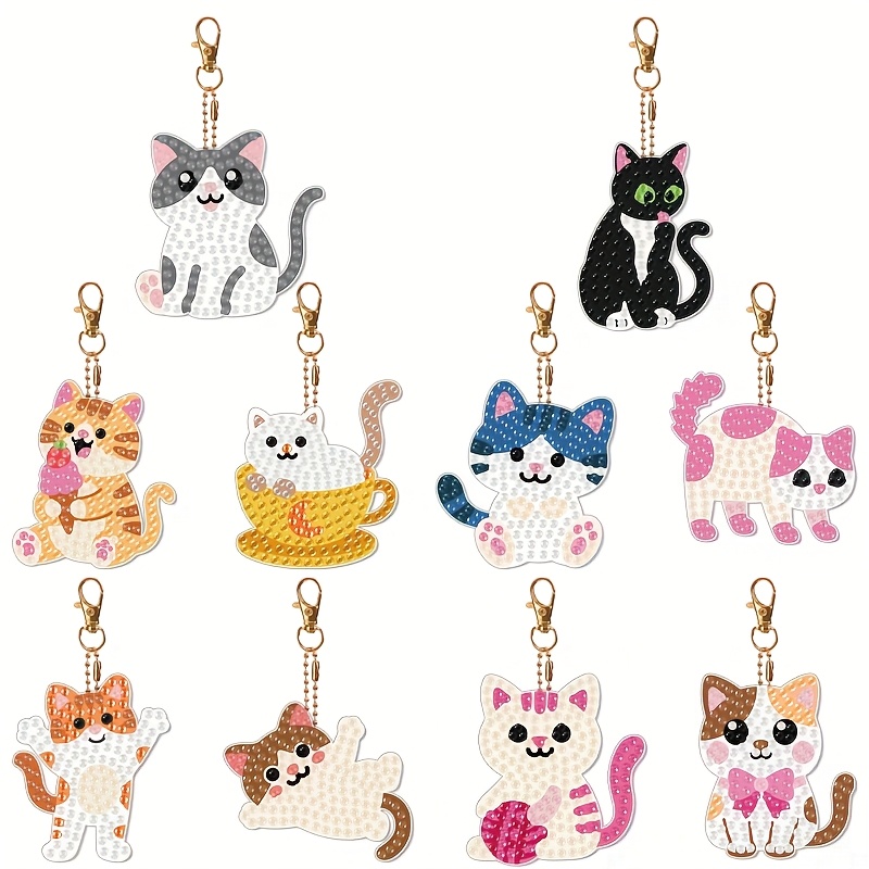 TEMU 10pcs Diamond Painting Keychains Animal Cat Style Jewelry Individual Face 5d Diamond Painting Kit Suitable For Beginners Adults Art Craft Gift