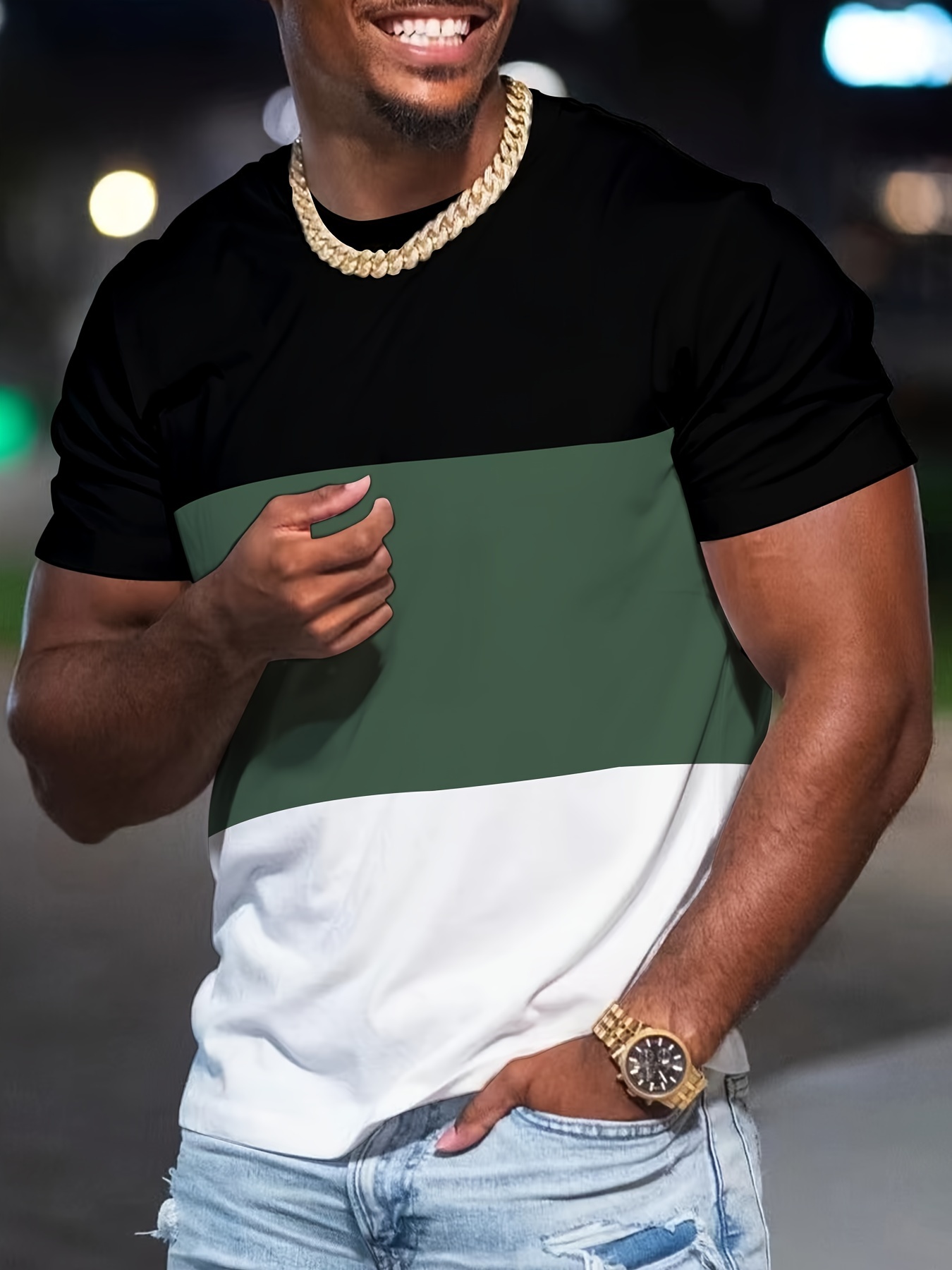 MBDMBD Men's Slim Fit Color Block T-Shirt - Casual, Stretchy Polyester Blend, Crew Neck, Machine Washable - Summer Essential in Black, Pink, and White