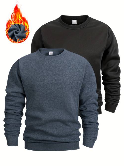 Artikelbild 2er-pack herren freizeit rundhals sweatshirt, unifarben, basic herbst- und winterstil, einfaches und vielseitiges langarm-oberteil, fleece-gefüttertes herren-sweatshirt, partner-outfit, lässige alltagskleidung für outdoor-sportarten, mehrere farben verfügbar