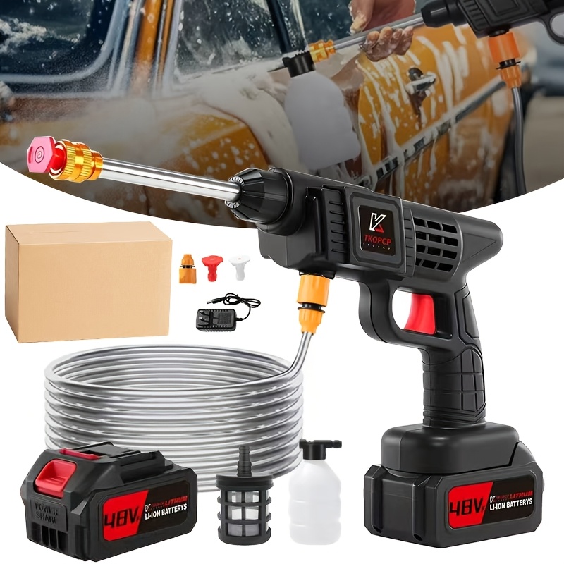 TEMU 4000psi Cordless Car Wash Machine, W/5-meter Hose, Portable Cordless High-pressure Car Wash Machine, 2000mah Battery Powered, With 2 Battery,