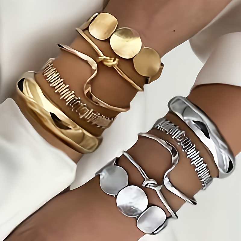 TEMU 5/10pcs Women's Fashion Bracelet Set, Vintage-style Round Disc Wrapped Knotted Irregular Wide Wave Bracelets, Suitable For Women's Vacations,