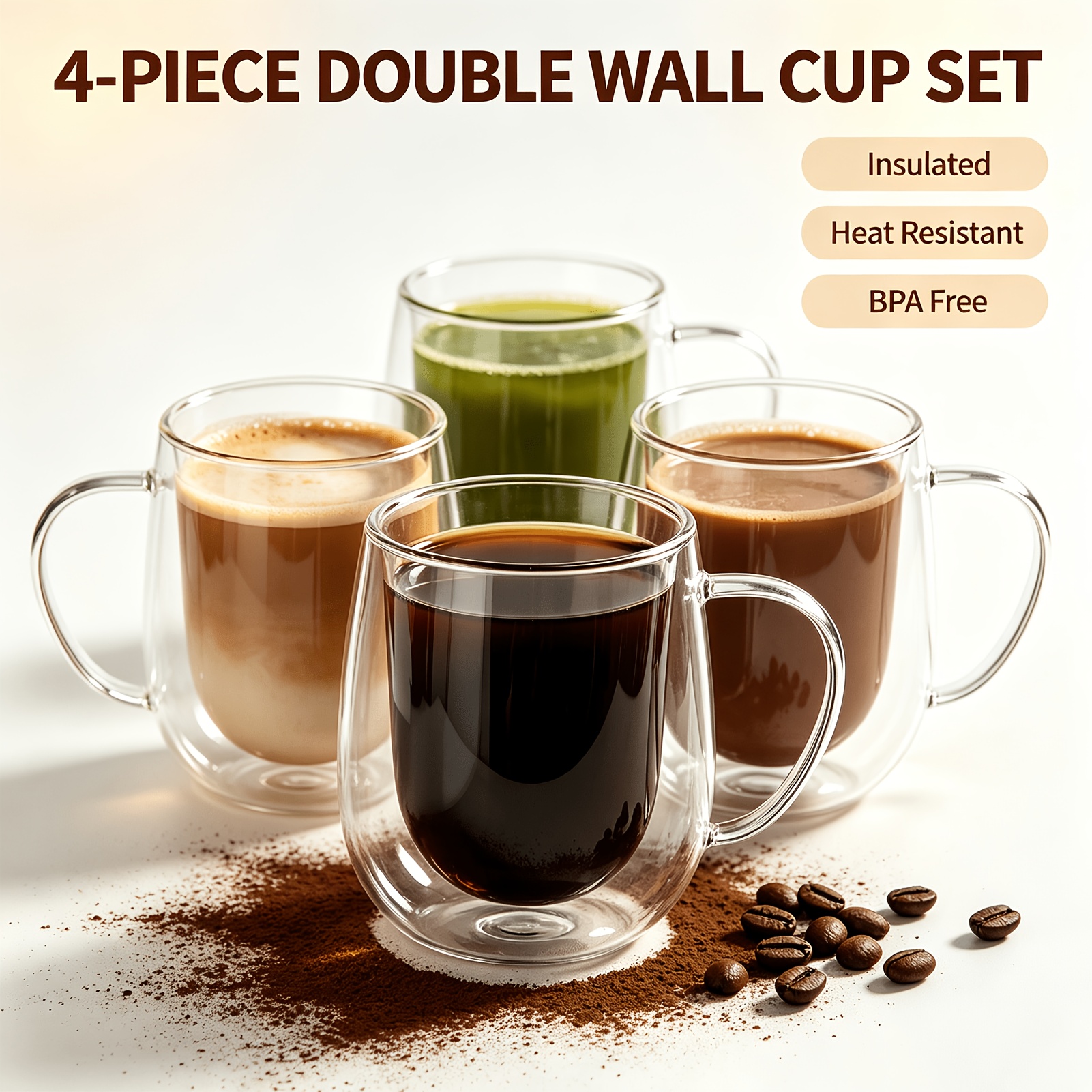 TEMU Double Walled Glass Coffee Cups Set Of 4, 7.4oz/210ml Hand Blown Insulated Coffee Mugs, Tea Cups With Handles, Borosilicate Heat Resistant Clear