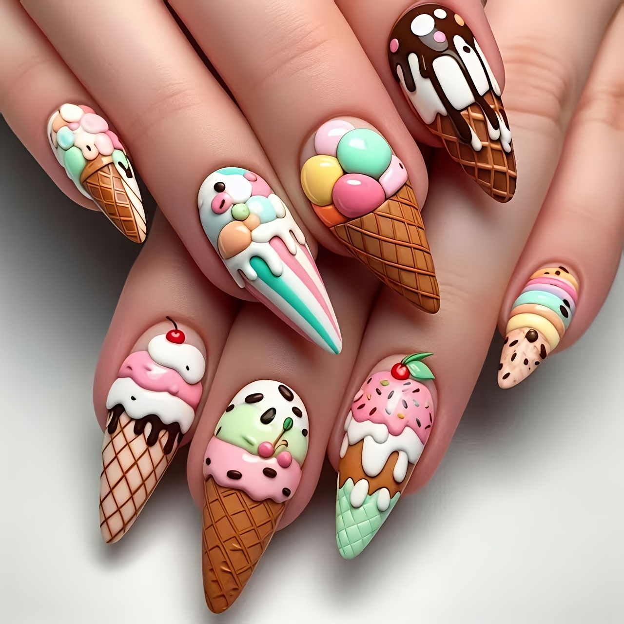 TEMU Medium-length New Cartoon Ice Cream Cone Press-on Nails, 24pcs Set, Removable And Reusable, Convenient For Daily Wear, Parties, Vacations, And