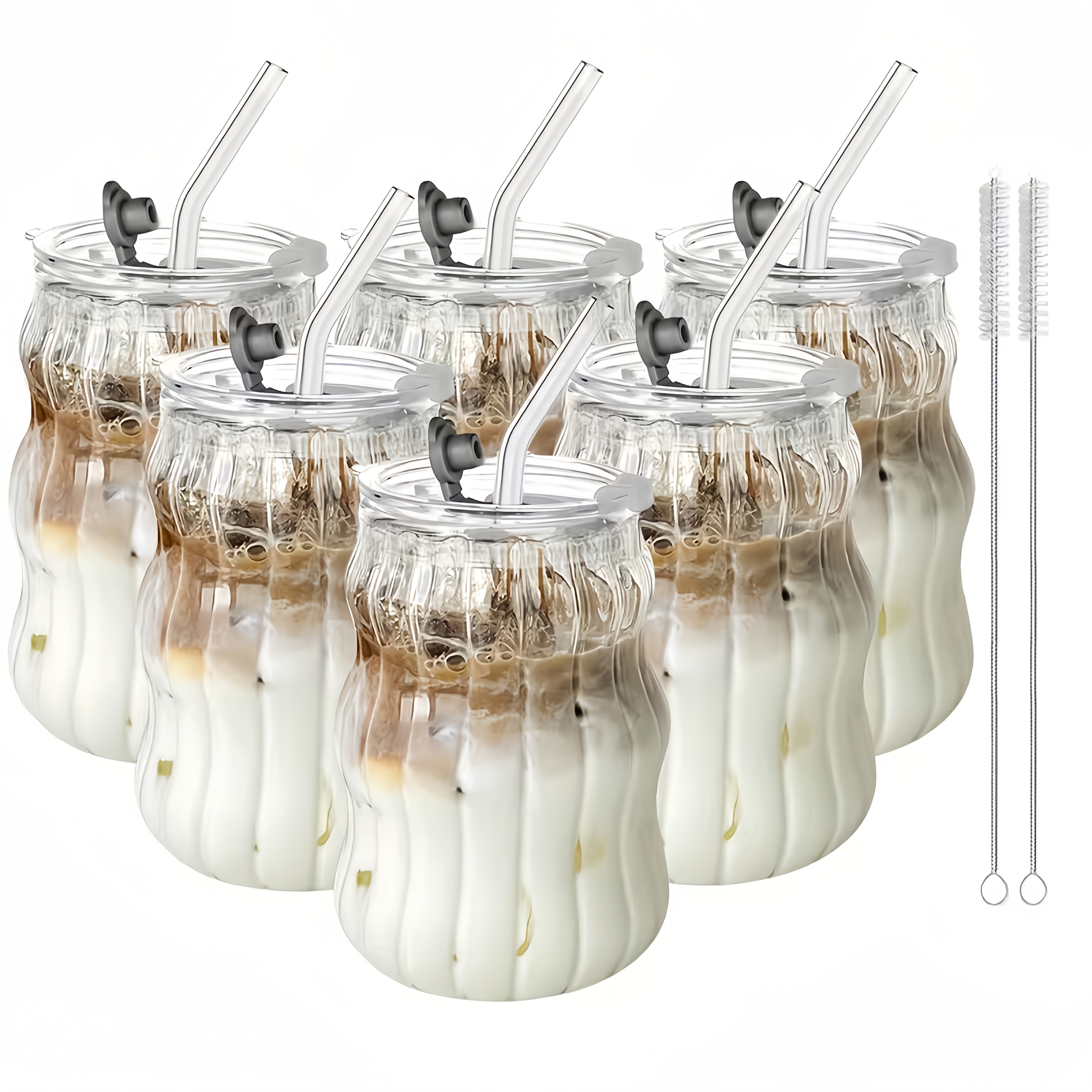 TEMU 6pcs Striped Glass Cups, Suitable For Cold And Hot Beverages, Juice, Milk, Water, Ice Cream, Coffee Mugs, And Summer/winter Drink Glasses,