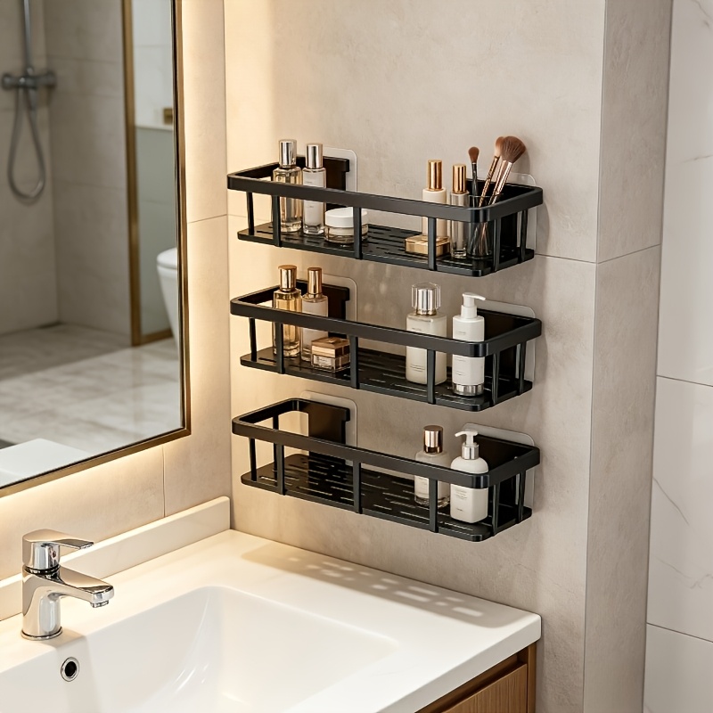 E-shop 3er-Pack Badezimmerregale mit Kleber, ohne Bohren, Schwarze, rostfreie, wandmontierte Duschablage mit Haken, Abflussdesign, platzsparendes