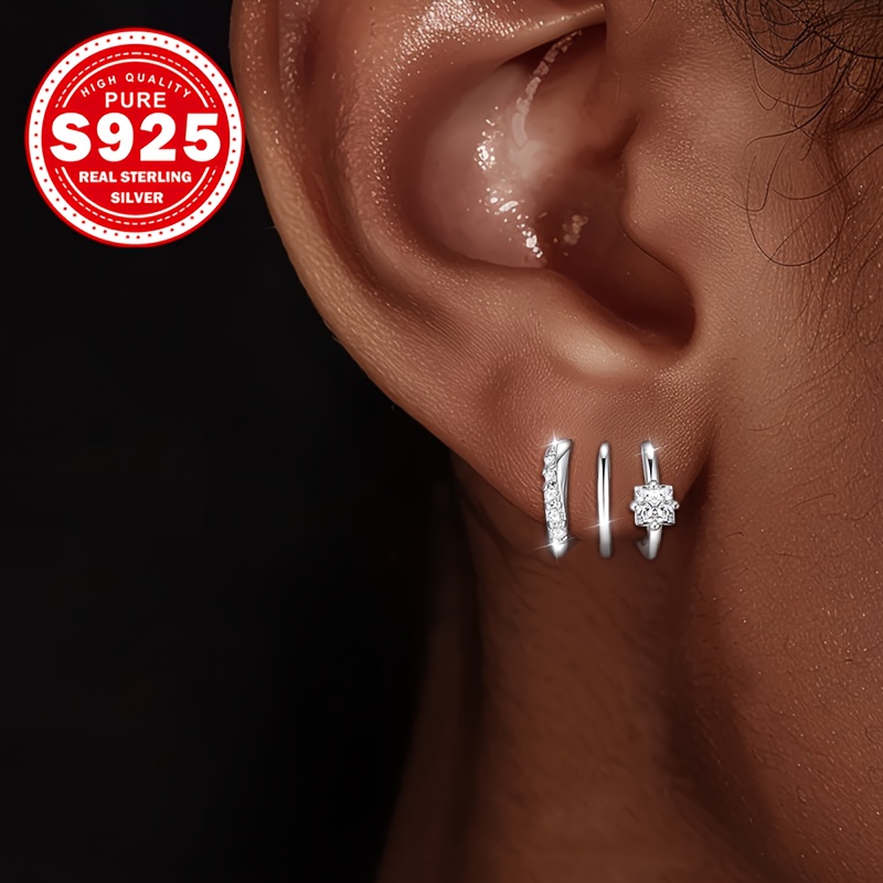 Image of 1 Pair Triple Arc Earrings, S925 Silvery With Zirconia, Hypoallergenic Architectural Jewelry - Minimalist Yet Statement Design For Everyday , Gift For The Woman