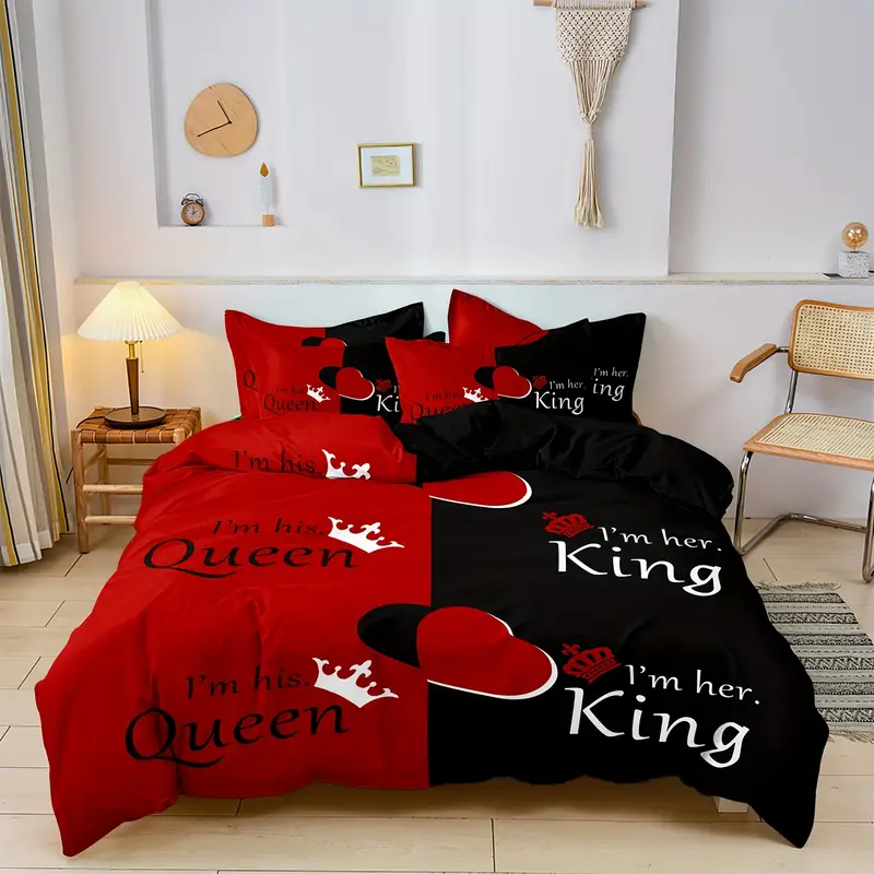 dark red and black three piece bedding set with queen king size featuring printed english letters on the duvet cover and pillowcases Product details 3