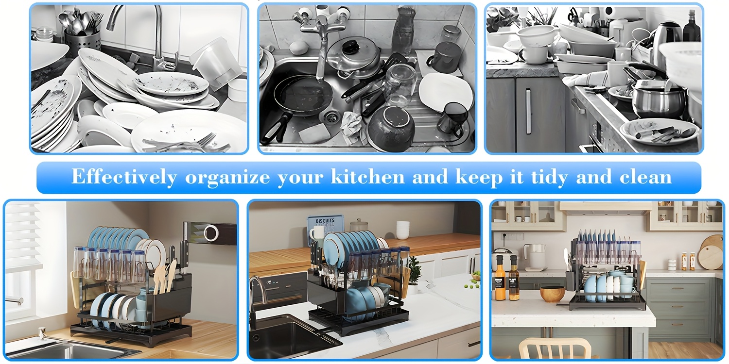 heavy duty space saving dish drying rack two tier kitchen organizer with draining board sturdy metal construction for plates bowls cups utensils compact countertop dish rack for home commercial kitchens sleek     storage solution rustresistant material busy households Product details 1