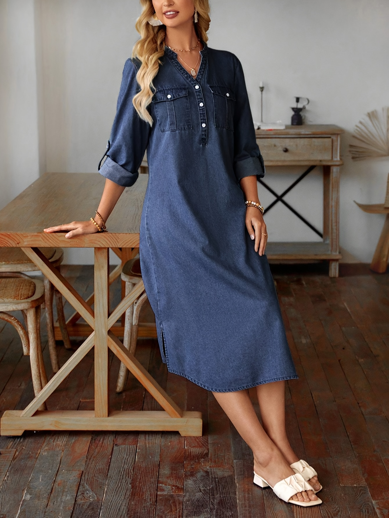 womens denim dress covered pockets button detail flattering - Temu Oman