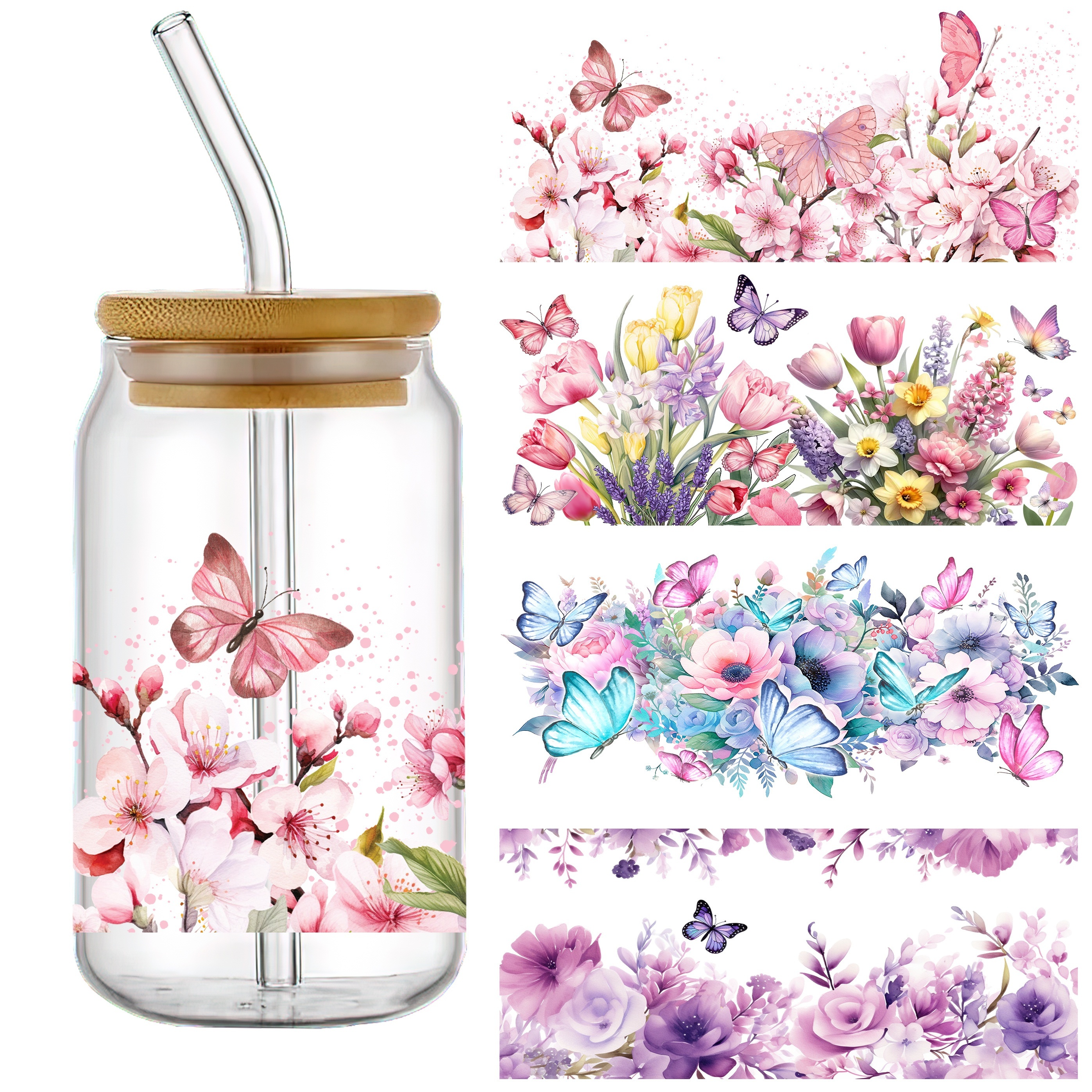 

adhesive" 4-piece Floral & Butterfly Uv Dtf Transfer Sticker Set - Waterproof, Scratch-resistant Decals For 16oz Glass Jars, Mugs & Bottles - High-quality Diy Crafts, Home Decor - 4.3"x9.4