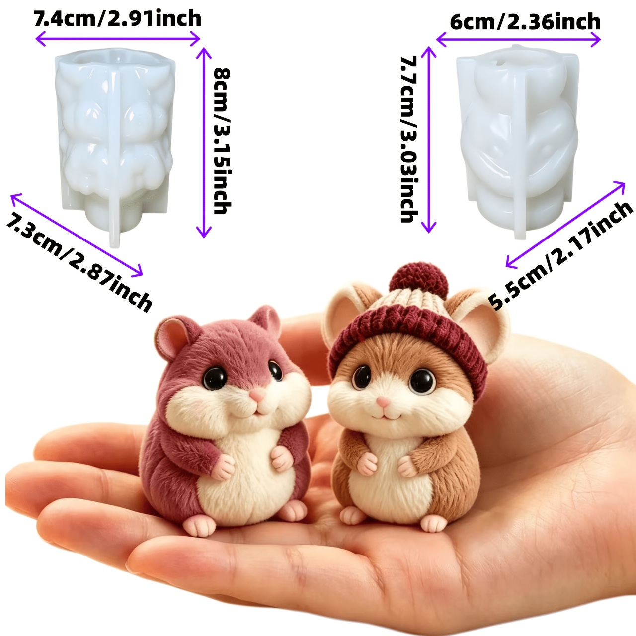 TEMU ["Moule en silicone de résine] Ensemble de 2 pièces, Adorables moules en silicone de souris d'hiver et de hamster, Bougies stéréoscopiques 3D,