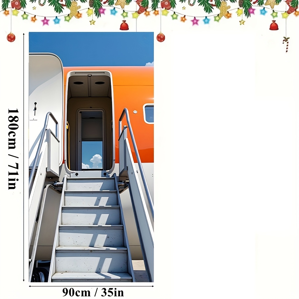 TEMU Bannière 2D Plate, 2D Plate - 2D Plate, 2D Plate - 2D Plate, 1pc, Motif Avion Orange et Blanc avec Escalier, 35 X 71 Pouces Fibre de Polyester