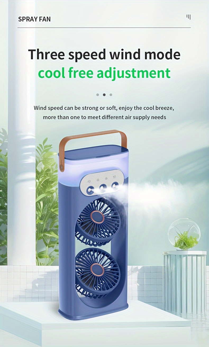 portable usb dual fan with humidifying misting feature painted plastic table fan for indoor and outdoor cooling   operation with button control multi component accessory no battery required details 6