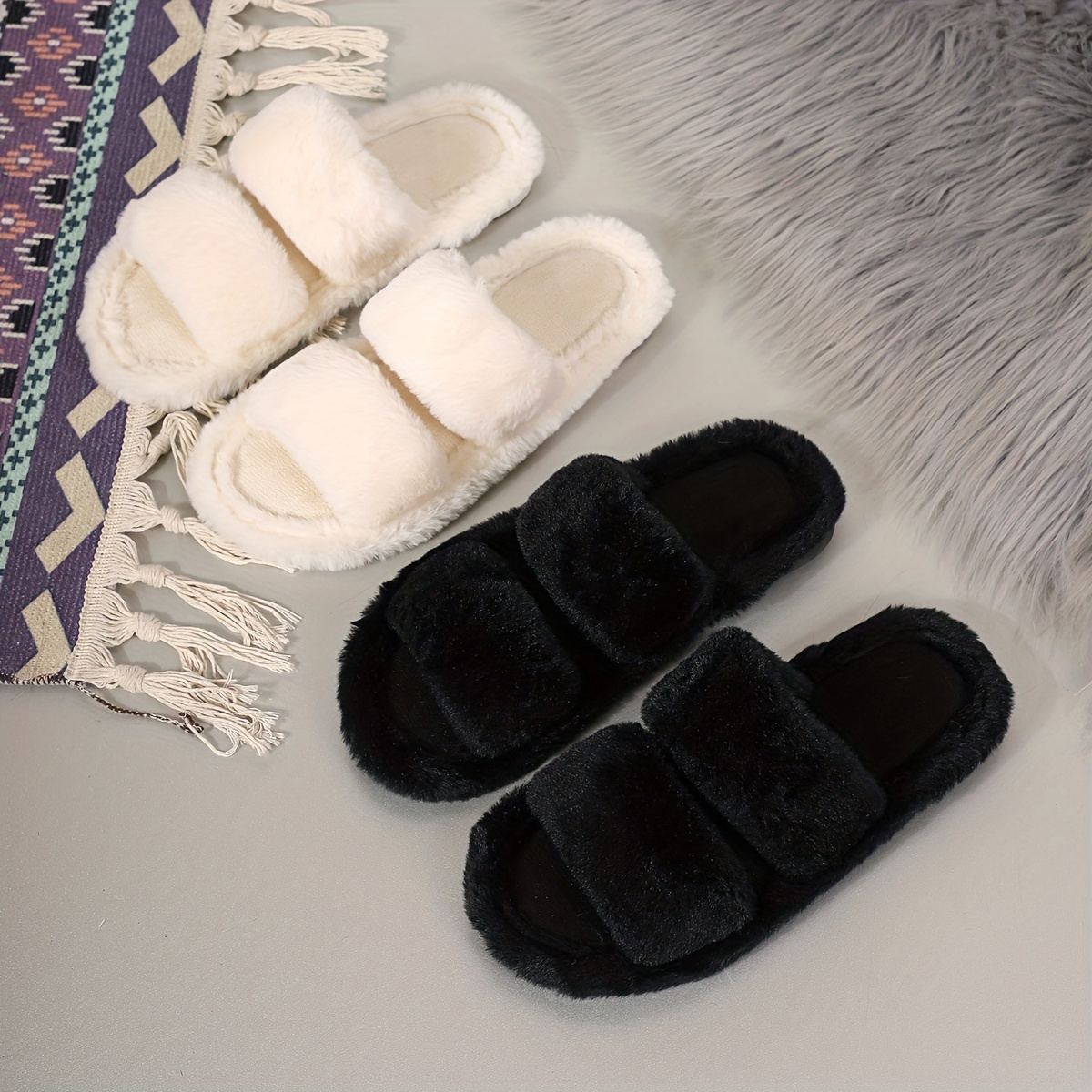 

Women's Solid Color Plush Slippers, 2 Bands Open Toe Soft Sole Fuzzy Shoes, Cozy & Warm Home Bedroom Slippers