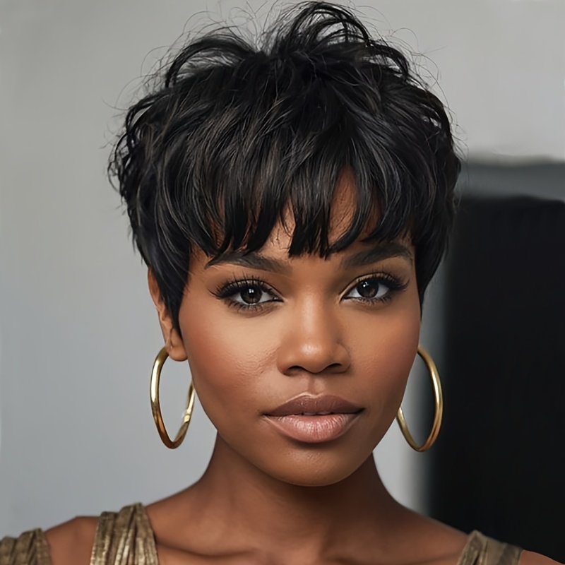 TEMU Synthetic Short Wavy Wigs For Women, Featuring Black Hair And Bangs, Perfect For A Stylish Short Haircut
